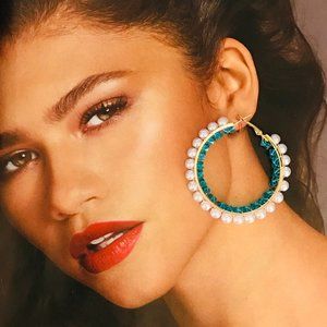 AQUA BLUE & PEARL BEADED GOLD HOOP EARRINGS